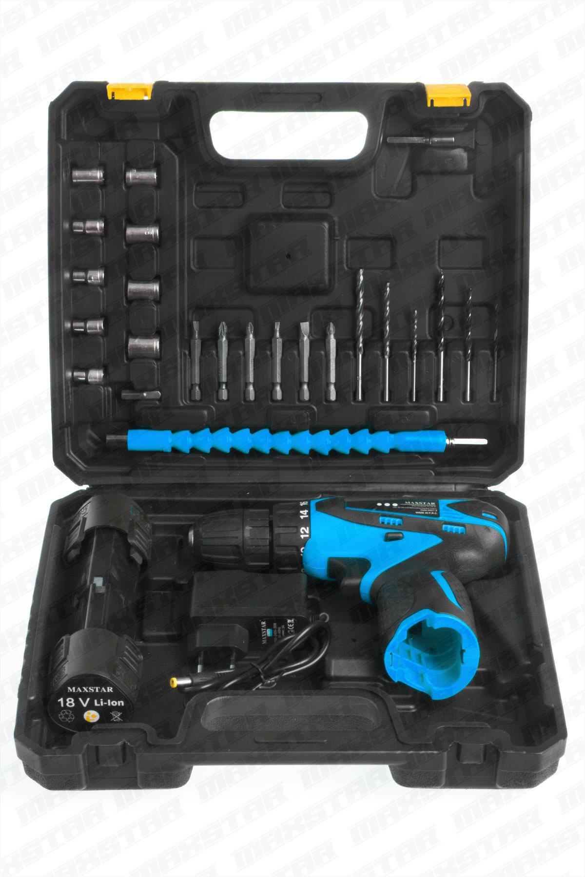 Maxstar 18V Lı-On Çift Akülü Şarjlı Matkap Vidalama + 23 Parça Set - Görsel 2