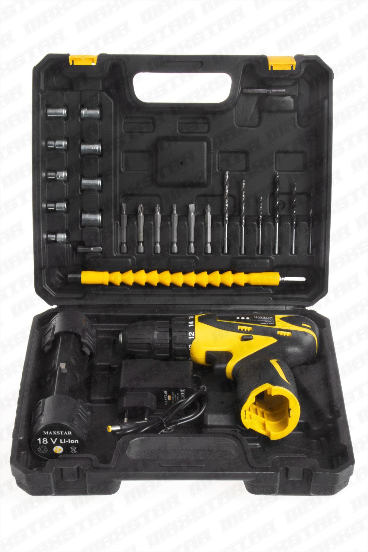 Maxstar Işıklı 18 V 1.3 Ah Li-On Çift Akülü Çantalı Şarjlı Vidalama +23 Parça set - Görsel 8