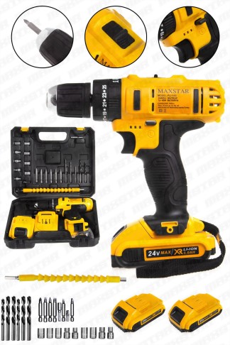 Maxstar 24V Lı-On Çift Akülü Şarjlı Matkap Vidalama + 23 Parça Set