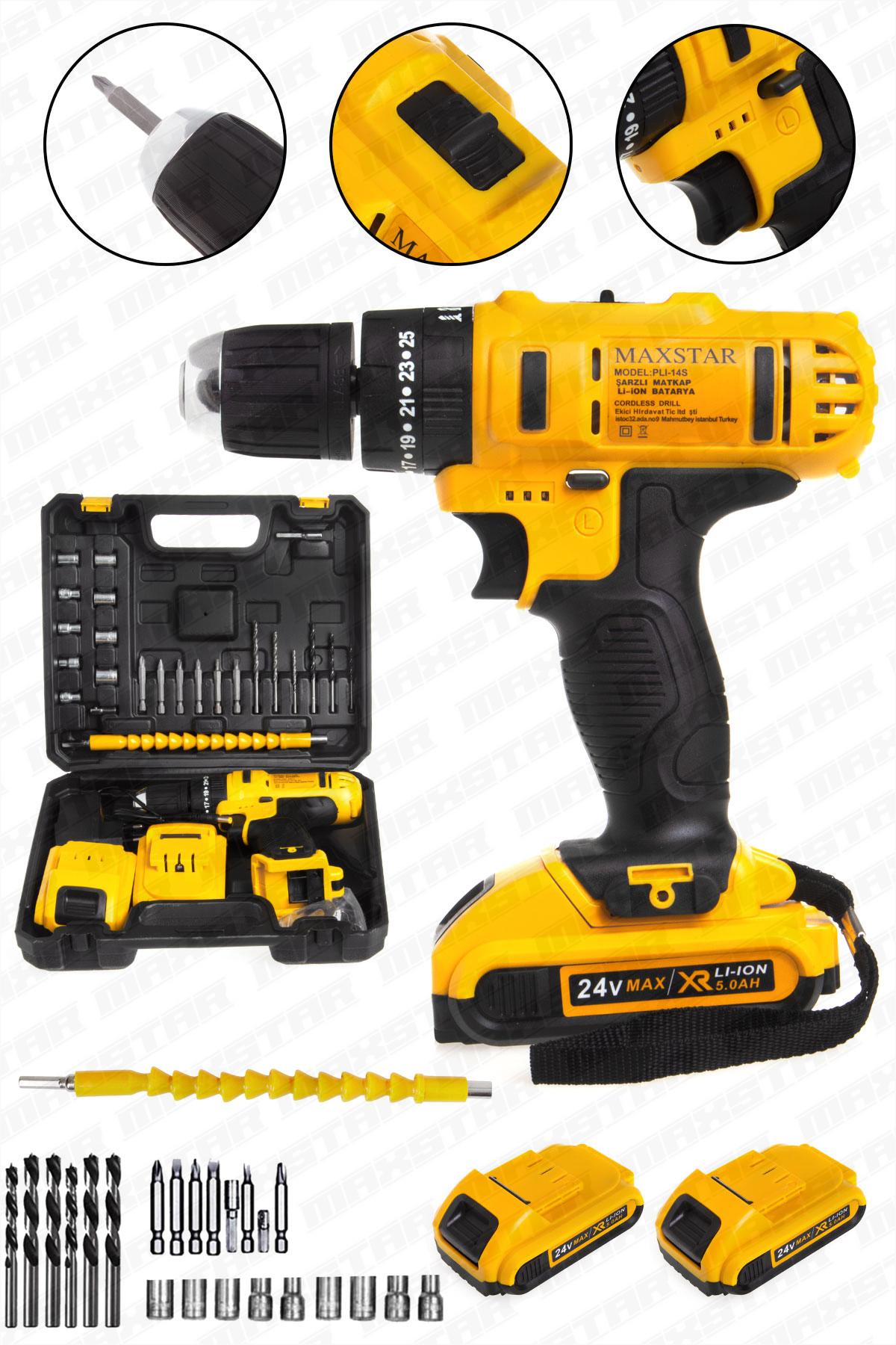 Maxstar 24V Lı-On Çift Akülü Şarjlı Matkap Vidalama + 23 Parça Set