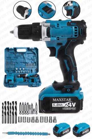 Maxstar 24V Lı-On Çift Akülü Şarjlı Matkap Vidalama + 23 Parça Set