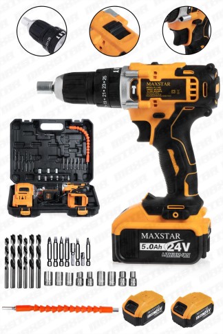 Maxstar 24V Lı-On Çift Akülü Şarjlı Matkap Vidalama + 23 Parça Set