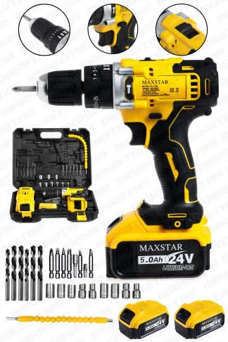 Maxstar 24V Lı-On Çift Akülü Şarjlı Matkap Vidalama + 23 Parça Set