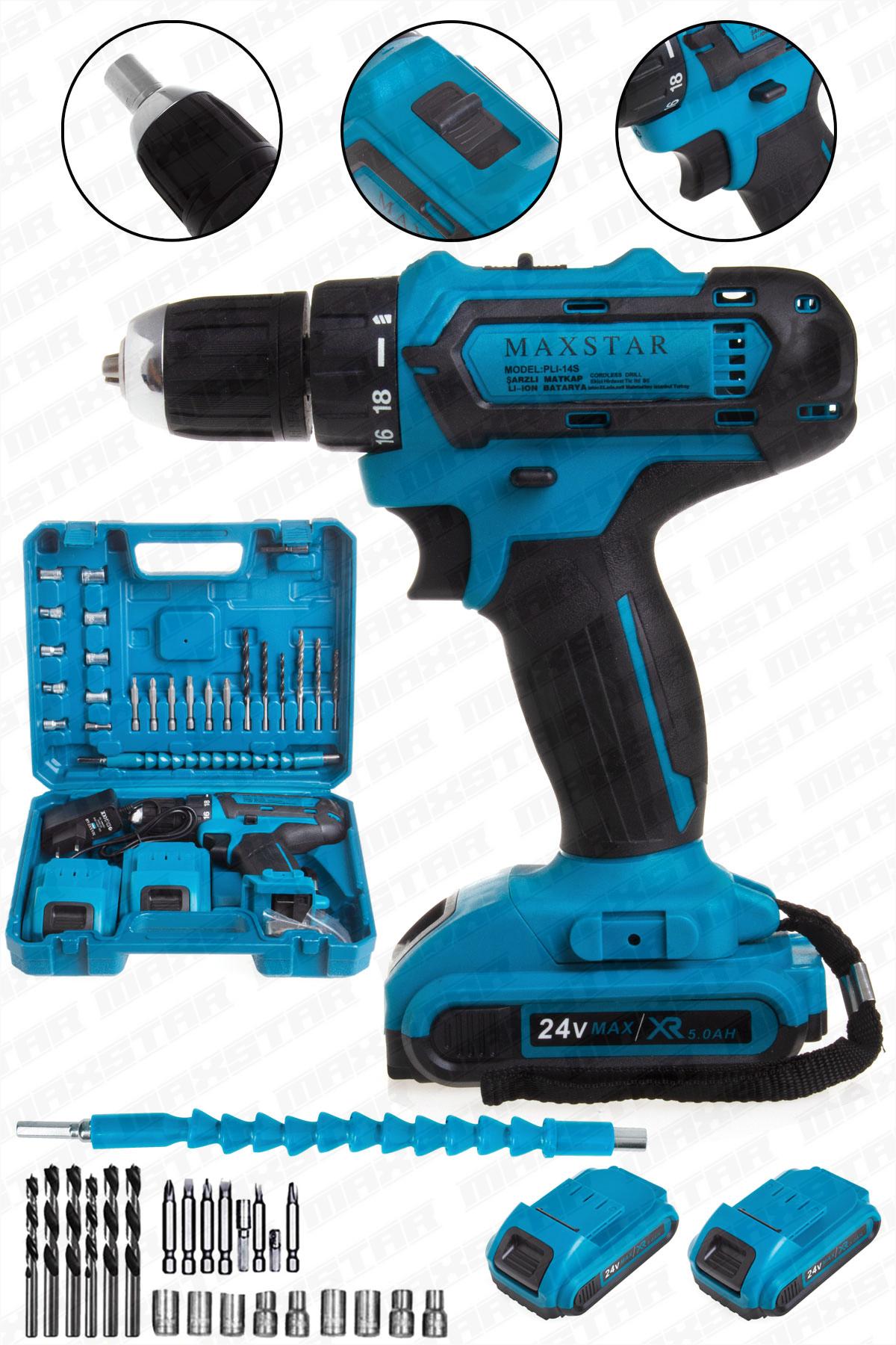 Maxstar 24V Lı-On Çift Akülü Şarjlı Matkap Vidalama + 23 Parça Set